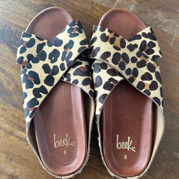 Beek Robin Leopard Print Animal Calf Hair Crossover Sandals ladies size 8 - Picture 2 of 5